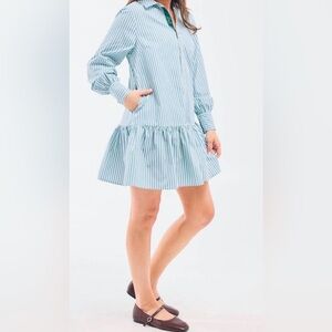 Mary Square Fiona Mini Simple Long sleeve Stripe Green Shirt Ruffle Dress NWT